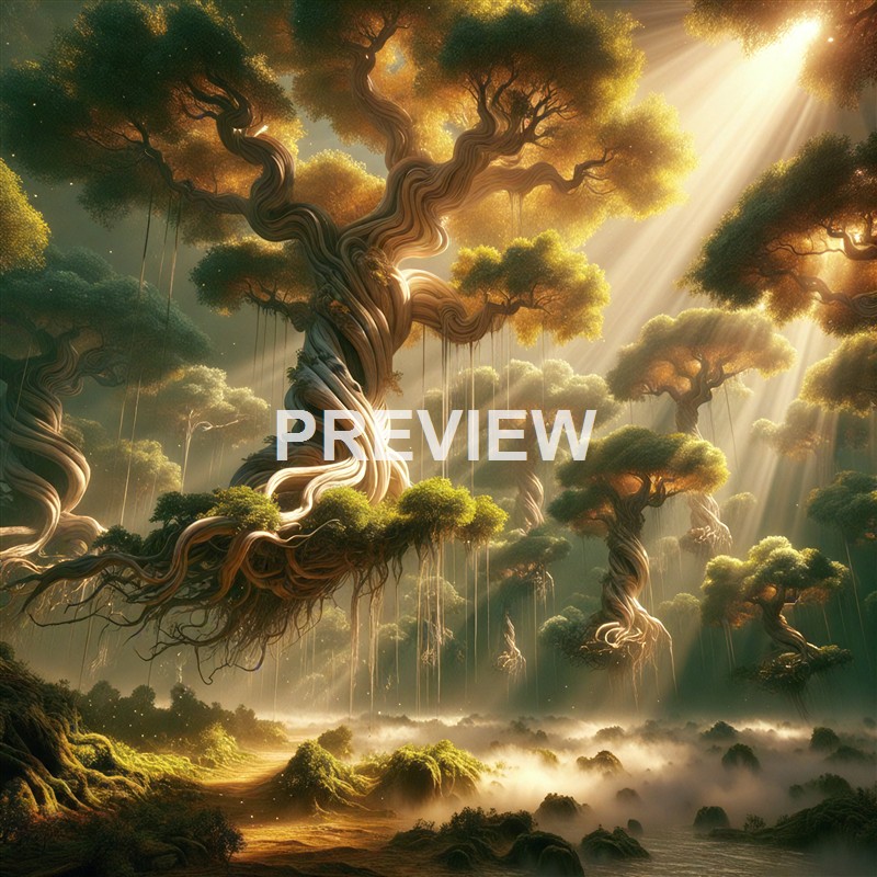 A fantastical forest scene featuring enormous, twisting trees with lush green canopies, illuminated by golden sunlight streaming through the clouds and casting a magical glow over the landscape.